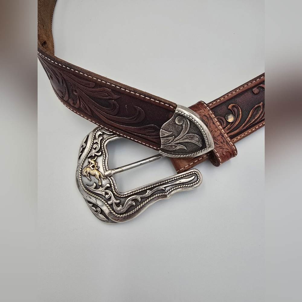 Tony Lama Men's Westerly Ride Belt Brown Leather Belt with Silver Buckle  - 34